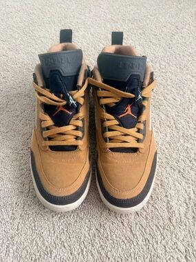 Jordan Men’s Mid-Top Sneakers in Wheat and Black with Orange Jumpman